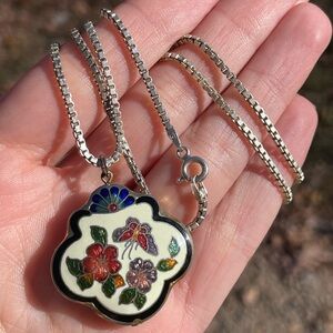 Cloisonné Butterfly Flower Puff Pendant On 925 Silver Box Chain 20 inch VINTAGE